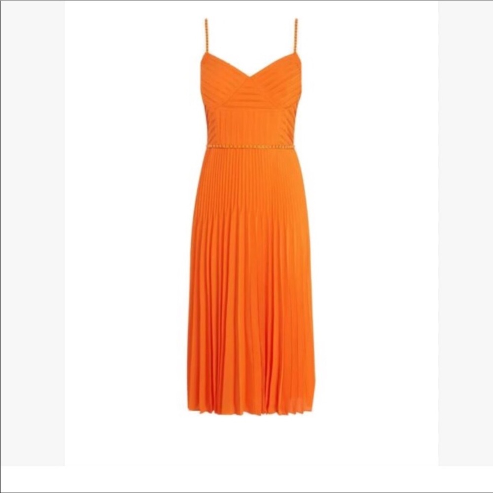 Orange chain pleated midi dress